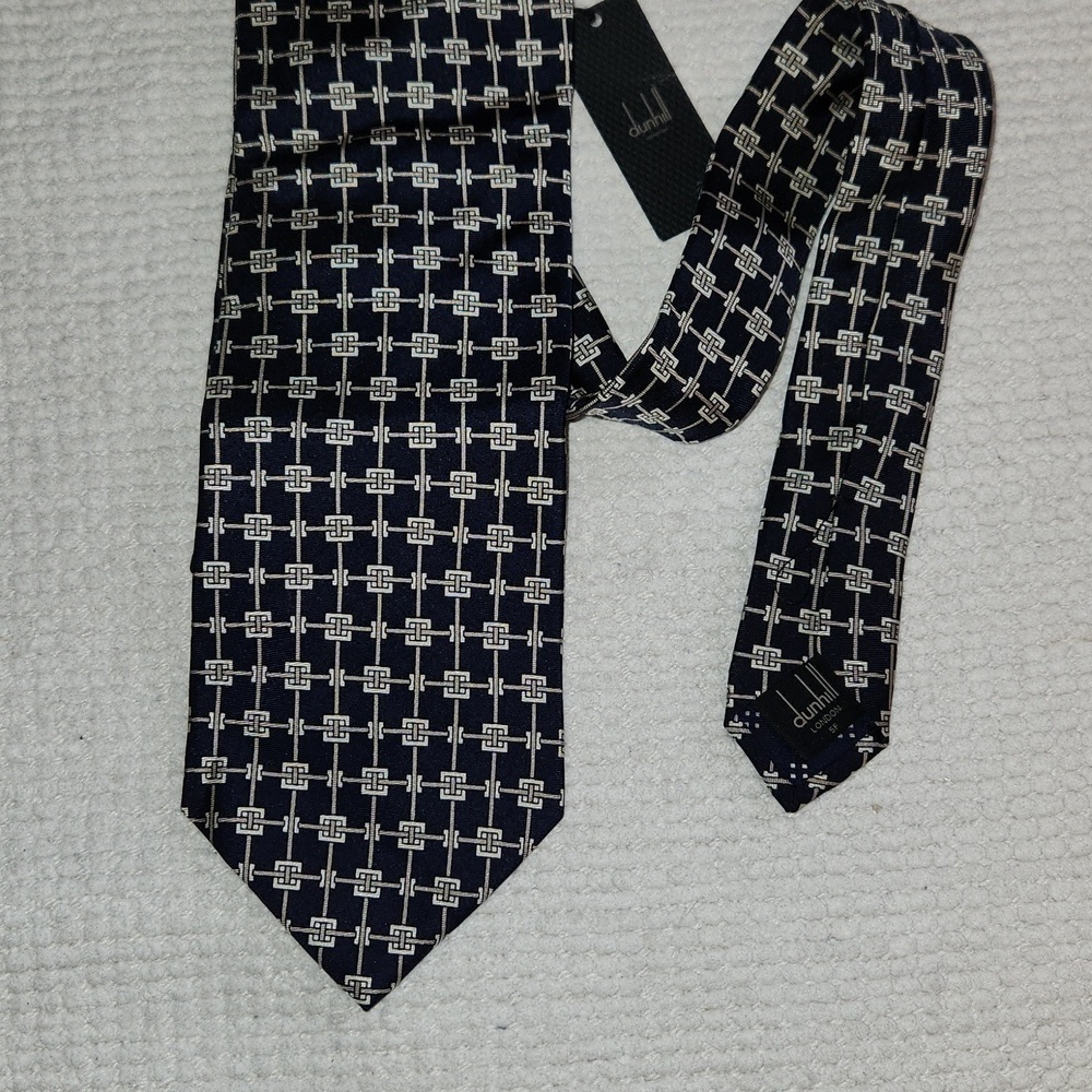 NWT, Alfred Dunhill London Geometric Print silk neck tie.